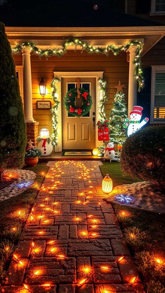 A festive front yard decorated for Christmas with lights, wreaths, snowmen, and holiday signs.